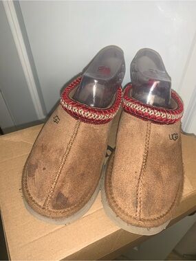 UGG Chestnut Suede Clog Mules with Red and Beige Braided Trim